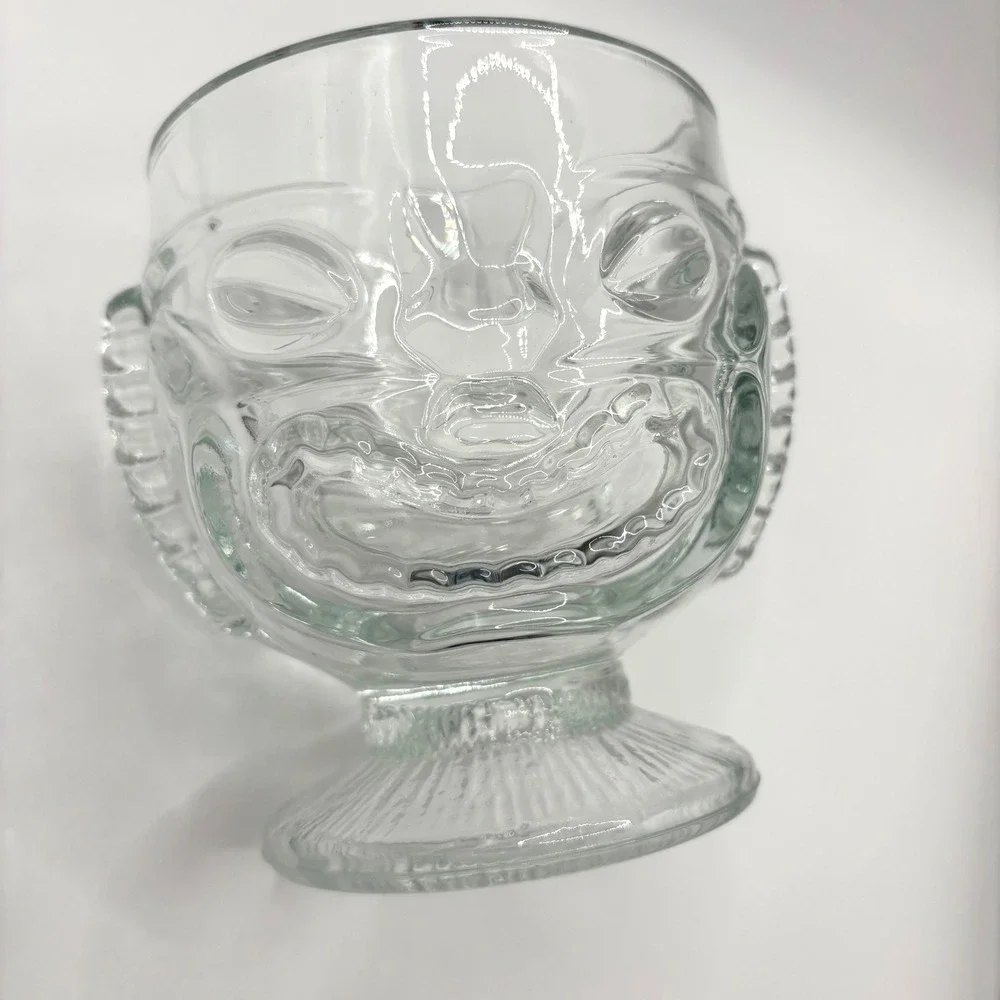 Vintage Clear Glass Tiki Mug Embossed Face Pedestal Cocktail Barware Glass 12oz